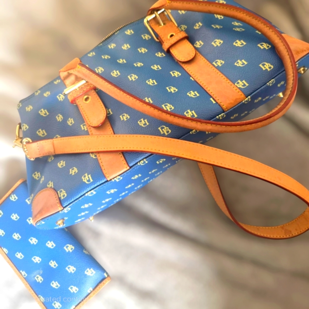 VINTAGE! Dooney & Bourke Blue and Brown Logo Crossbody W Matching Glasses Case!